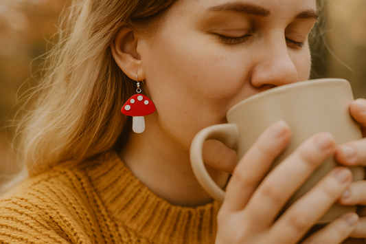 Red Mushroom Earrings bring color to your autumn outfit