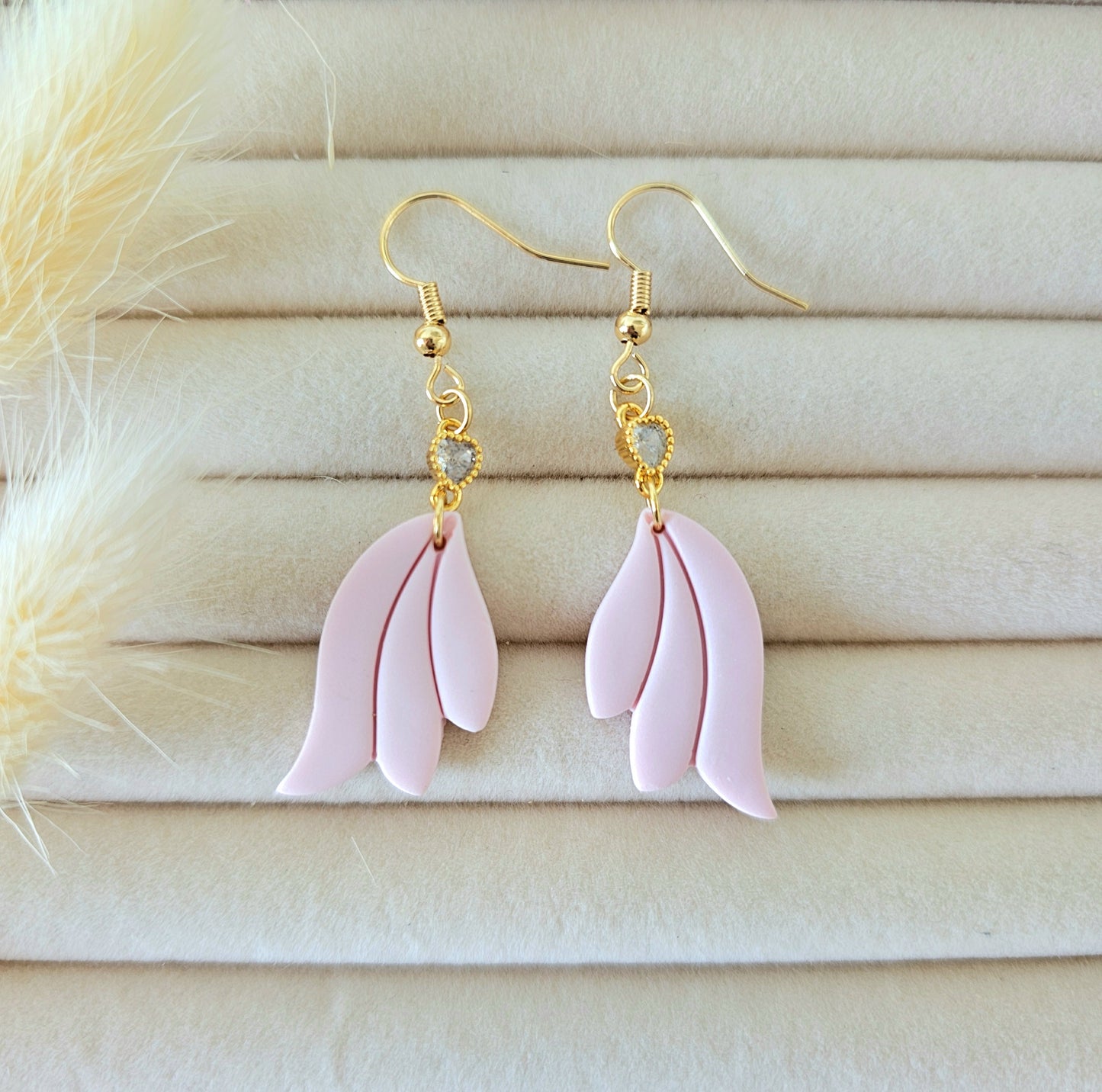 Pink floral earrings with gold hooks