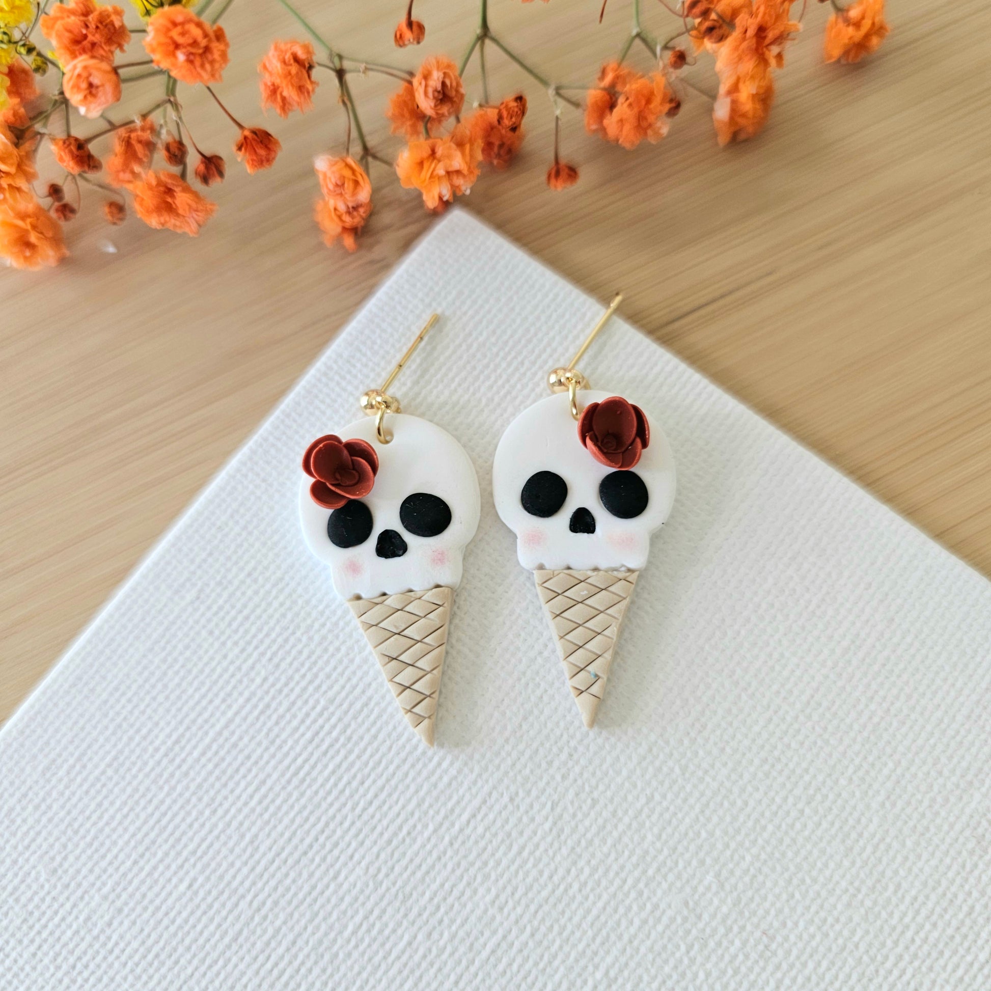 Ice Cream Skull Earrings — handmade clay earrings